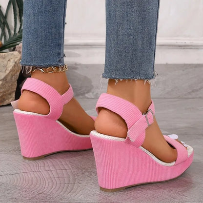 2026 New Platform Wedge Sandals Solid Color Round Headed Square Buckle  High-heeled Sandals