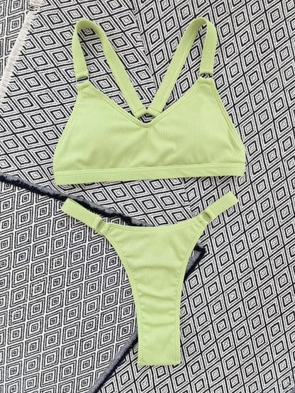 Sexy Ring Linked Backless Bikini Set Women Solid Black White Hollow Out Push Up Micro Swimsuit 2024 Bathing Suit Thong Swimwear