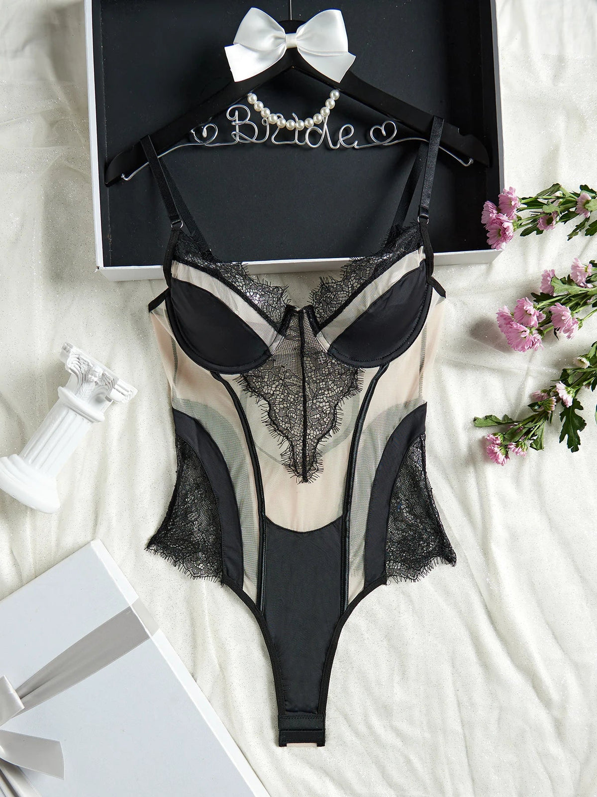 French Ultra Thin Women Bodysuit Set Sexy Lace Embroidery Underwear Breathable Mesh Bodycon Onesies Temptation Hollow Jumpsuit