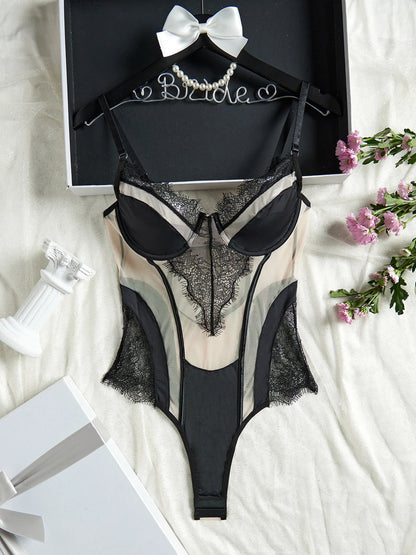 French Ultra Thin Women Bodysuit Set Sexy Lace Embroidery Underwear Breathable Mesh Bodycon Onesies Temptation Hollow Jumpsuit