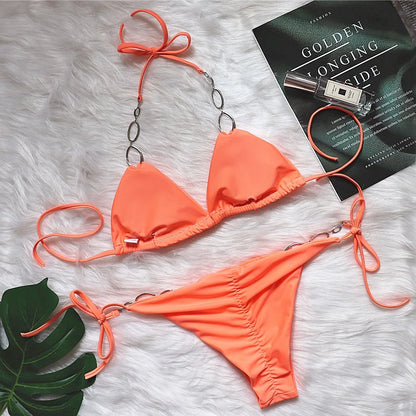 DEKA Halter Crystal Diamond Bikini Set Women Brazilian Swimwear Metal Ring Linked Swimsuit Female Bathing Suit