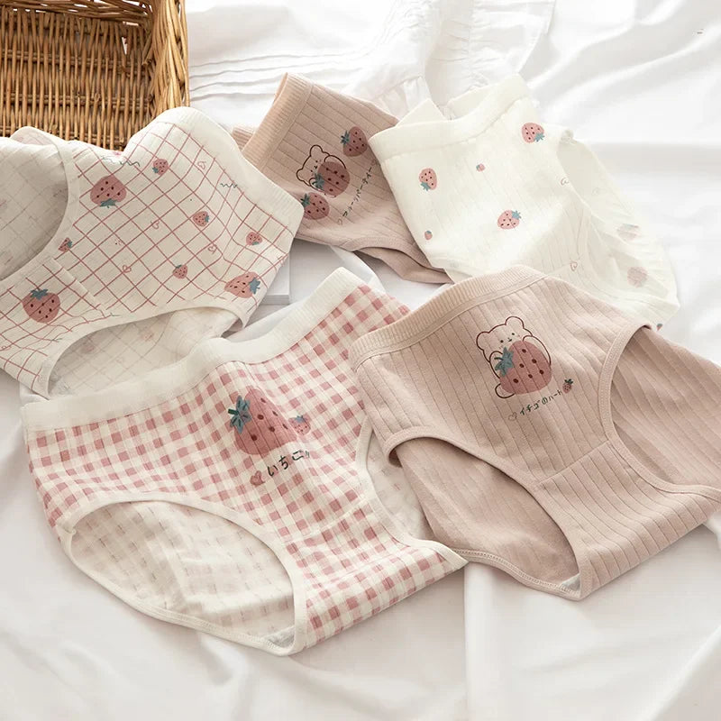 1 Pack Cute Bear &amp; Strawberry Print Cotton Mid-Rise Panties Women&