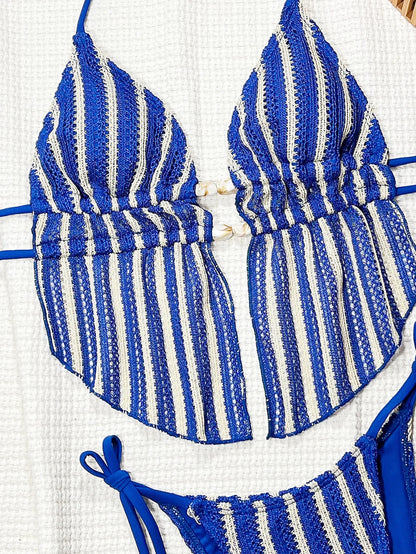 DEKA Knit Beads Blue Striped Bikinis Sets Two Pieces Halter Thong Swimsuit Bathing Suit Back Tie Swimwear Biquini Tankini Trikin