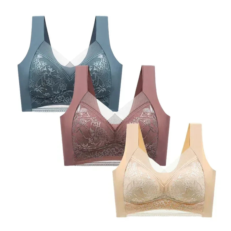 FallSweet 3PCS Lace Push Up Bras for Women Sexy Wireless Bra Ice Silk Deep V Bralette Tops Female Lingerie Mom&
