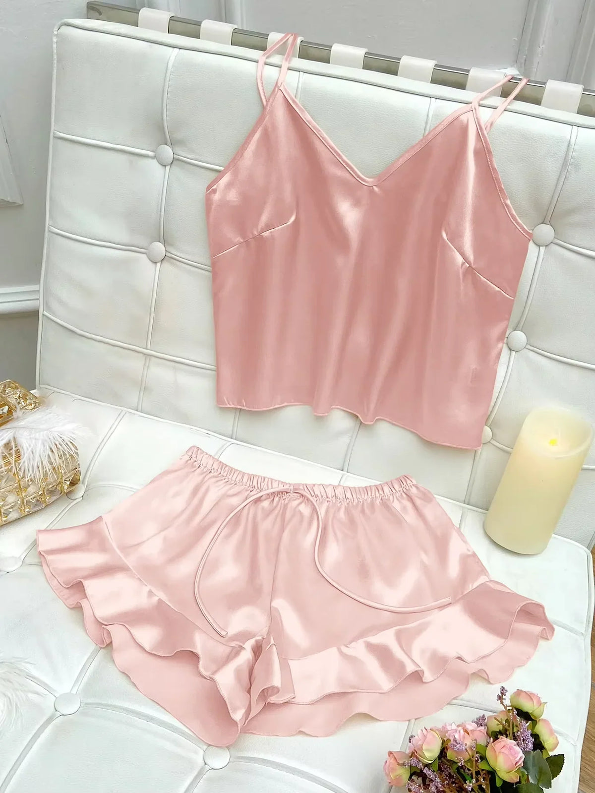 Solid Satin Pajama Set V Neck Cami Top Ruffle Shorts Women&