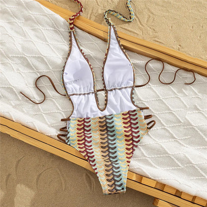 Sexy Halter String Backless Swimsuit Woman One Piece Striped Crochet Swimwears 2026 High Cut Bathing Swimming Wear Suit Monokini