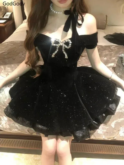 Black French Vintage Elegant Design Woman Dress Gothic Off Shoulder Retro Mini Dress Female Fairy Birthday Party Chic Outfits