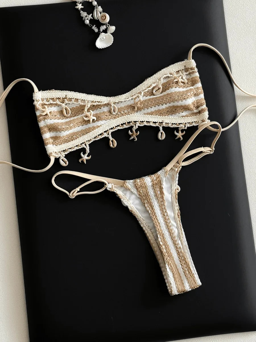 Striped Shell Fishnet Bandeau Bikini Women Swimsuit Female Swimwear Two Pieces Bikini Set Mini Micro Thong Bathing Suit Swim