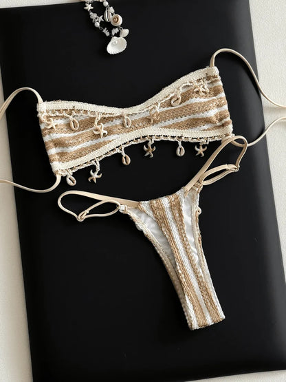 Striped Shell Fishnet Bandeau Bikini Women Swimsuit Female Swimwear Two Pieces Bikini Set Mini Micro Thong Bathing Suit Swim