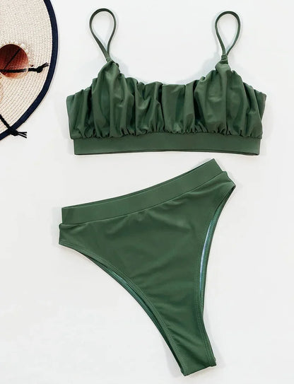 2026 Wrinkled Ruched High Waist Bikini Women Swimsuit Female Swimwear Two Pieces Bikini Set High Cut Bathing Suit Swim Beachwear