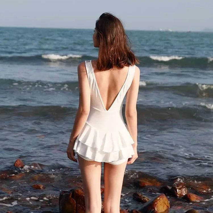 New One-piece Solid Color Swimsuit with Exposed Back and Sexy Suspender for Slimming Beach Hot Spring and Beach Women&