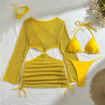 Women micro mini halter bikinis sets 3pcs with knitted long sleeve hollow out mini dress swimsuit bathing suit beach outfits