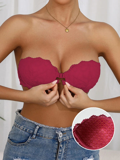 Lace Strapless Bra Double Front Closure Push Up Bralette for Women Invisible Anti-Slip High support Women&
