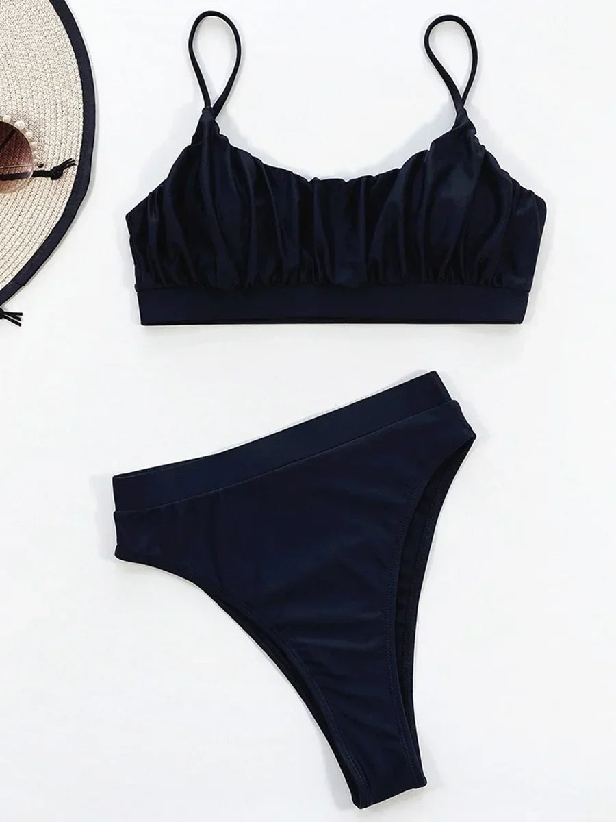 2026 Wrinkled Ruched High Waist Bikini Women Swimsuit Female Swimwear Two Pieces Bikini Set High Cut Bathing Suit Swim Beachwear