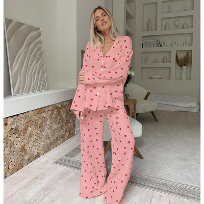 Summer New Love Heart Print Pyjama 100% Cotton Long Sleeve Set 2Pcs Outfit Lapel Sleepwear Button Down Women&