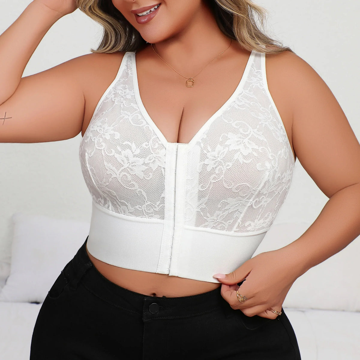 Plus Size Deep V Lace Lingerie, Sheer Plunge Bra with Front Zip, Open Back &amp; Shaping Support