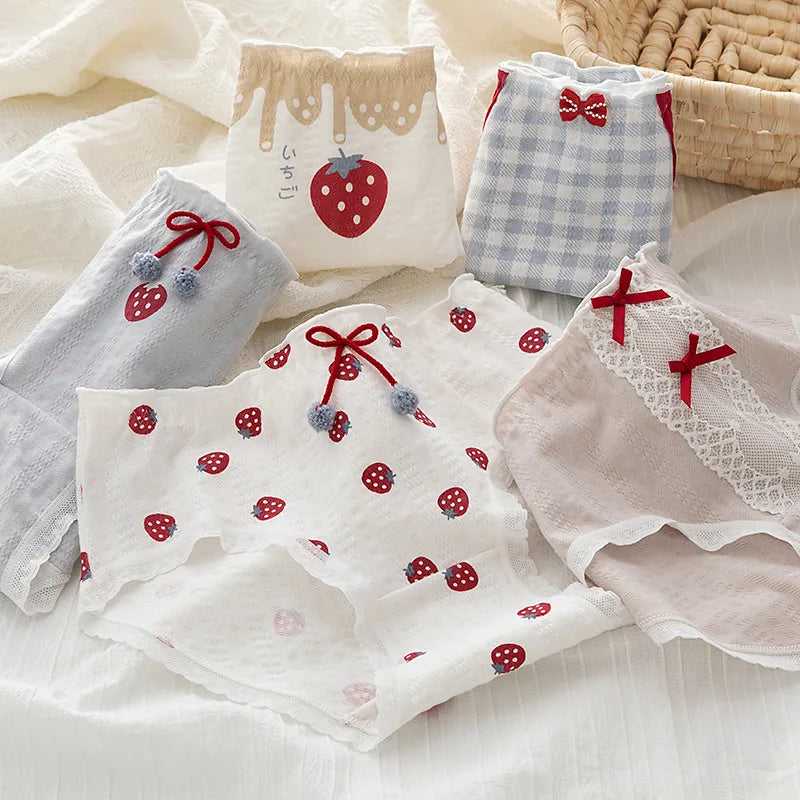 1 Pack Strawberry Print Mid-Rise Cotton Panties 5 Cute Patterns Briefs (M-L-XL) Japanese Style Kawaii Strawberry &amp; Bow Lingerie