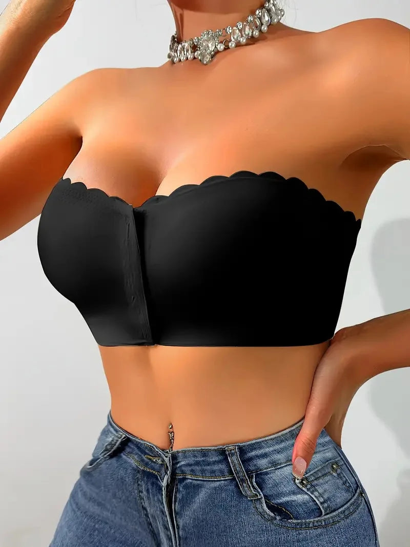 Solid Seamless Strapless Front Closure Wireless Strapless Bra, Sexy Comfy Push Up Bra, Women&