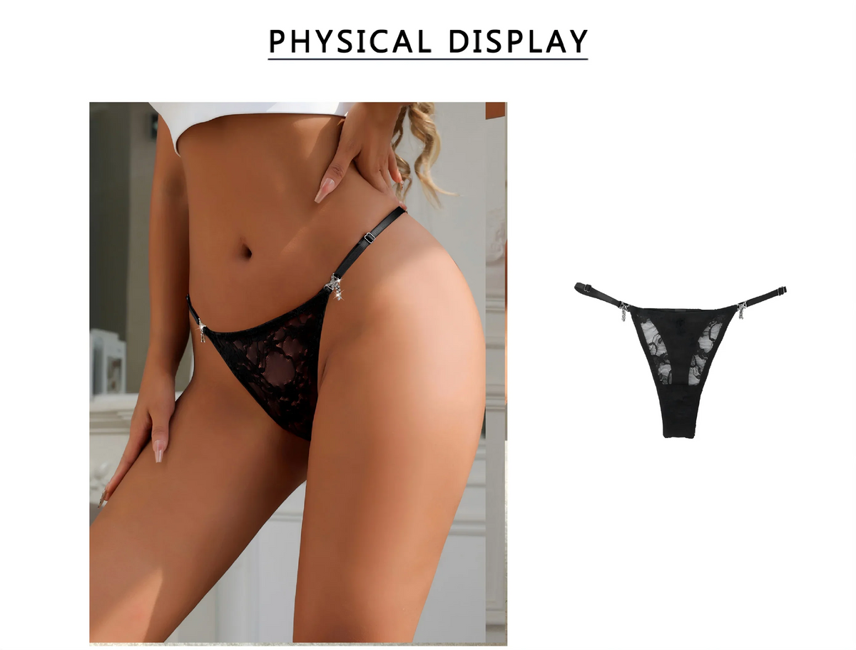 Black Lace Mesh Panty for Women See Through Adjustable Waistband Rhinestone Bow Decorative Buttons Plus Size Thong Underwear