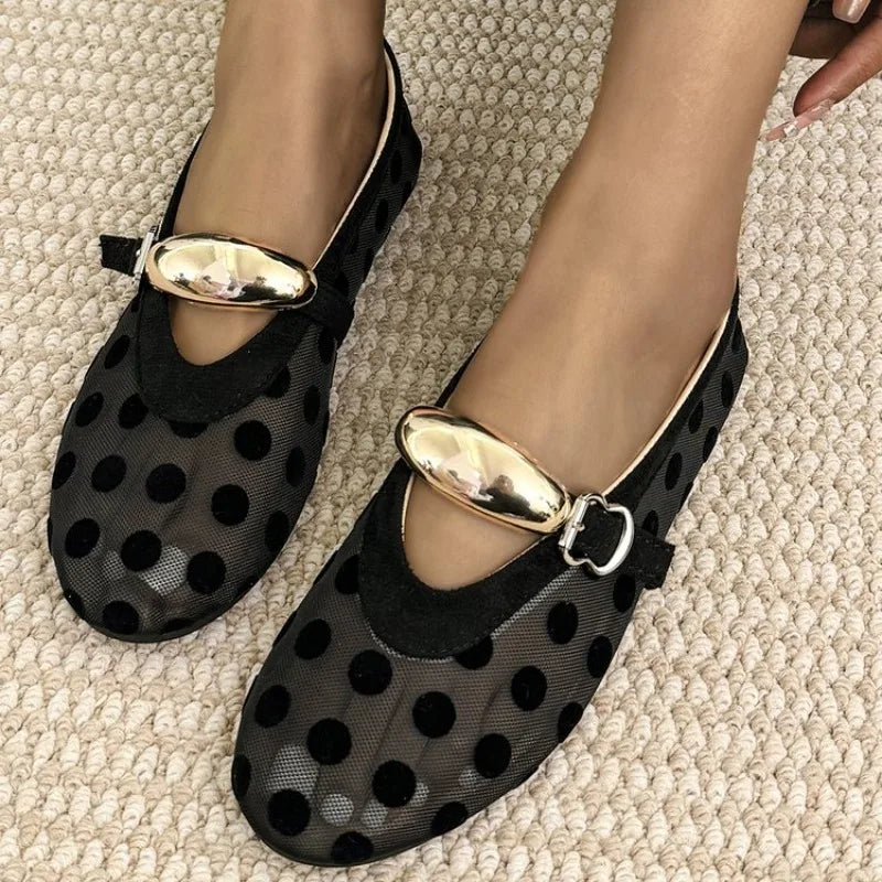 Korean Sle Polka Dot Me Breathable Flat Bot Mary Jane oes Women&