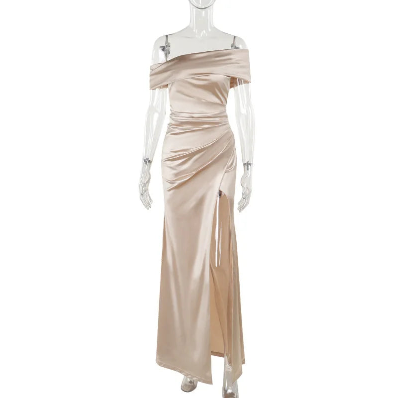 Elegant Satin Solid Color Off-Shoulder Women&