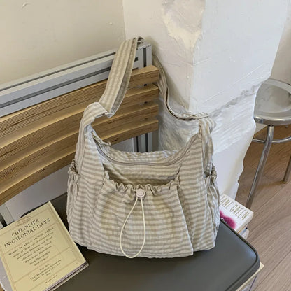 Brand Korean Nylon Crossbody Bag With Plaid Pattern - Phone Pocket