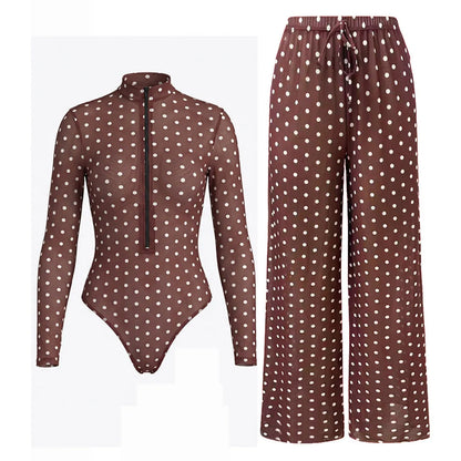 S - XXL Polka Dot Long Sleeve With Zipper Pants One Piece Swimsuit Women Swimwear Female Padded Bather Bathing Suit Swim V8363
