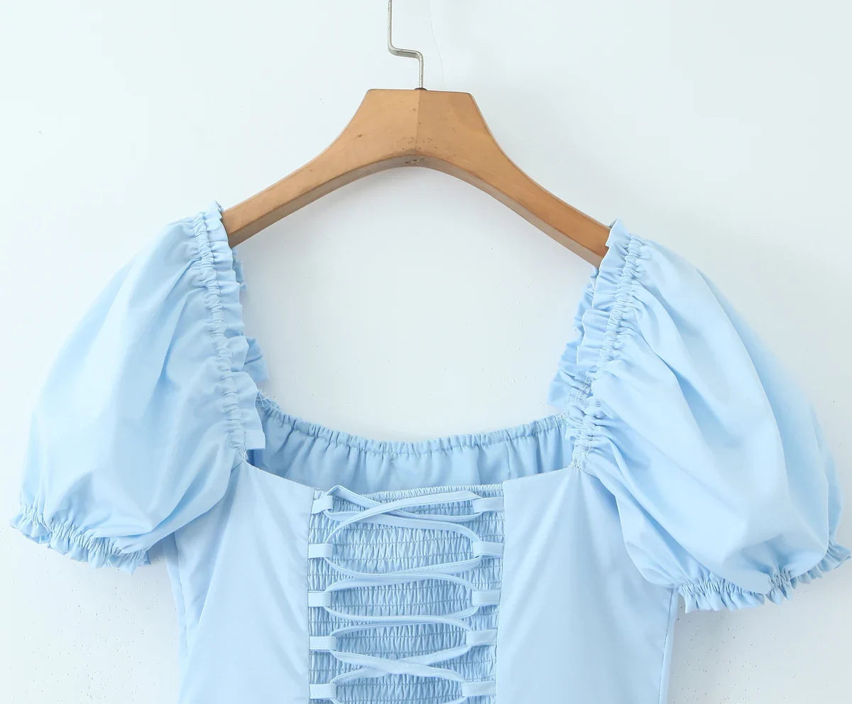 Bowknot Ruffles Light Blue Midi Dress Women&