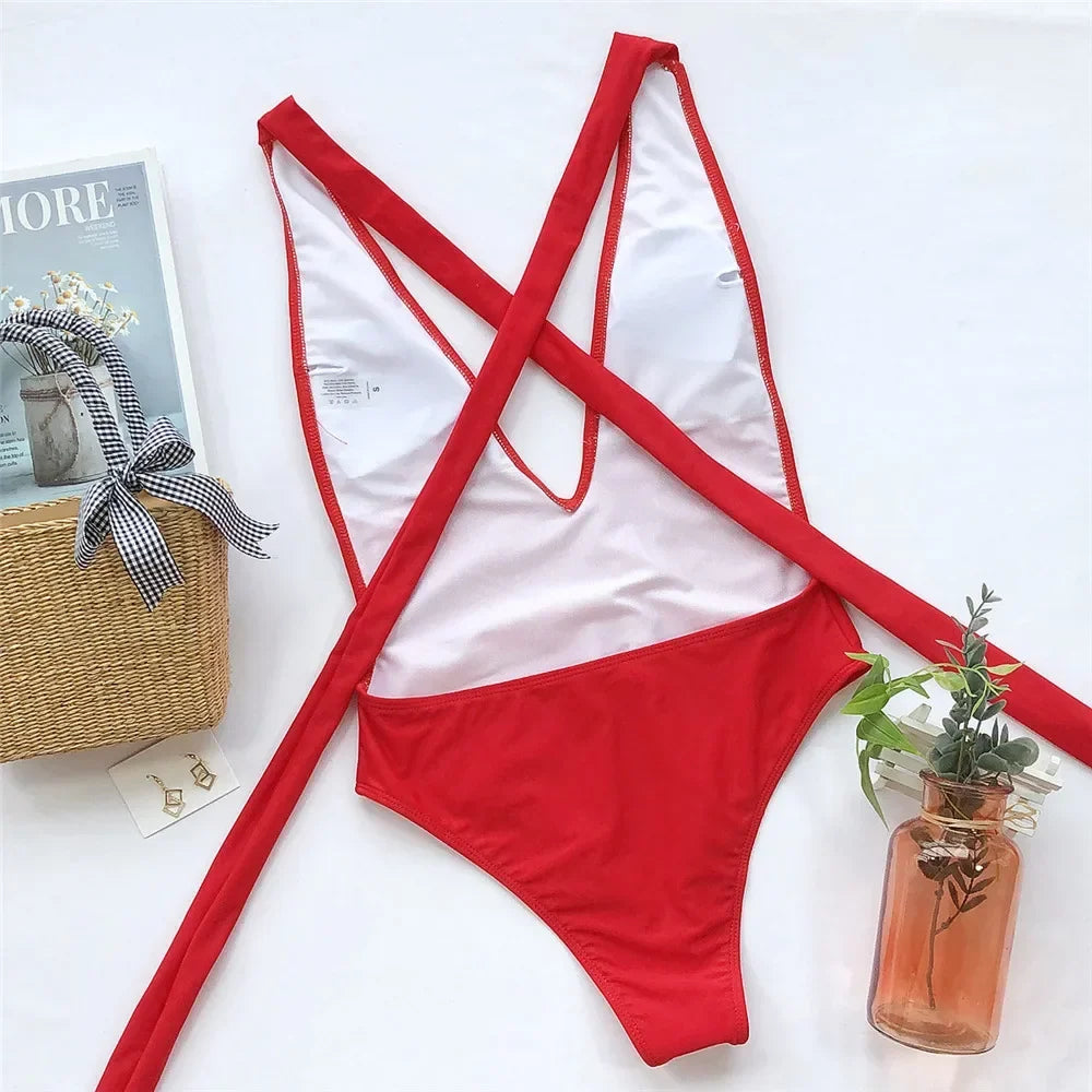 Sexy Red Cross Bandage Backless Swimwear One Piece Swimsuits Woman 2026 Knotted Straps Swimming Bathings Suit V Neck Bodysuits