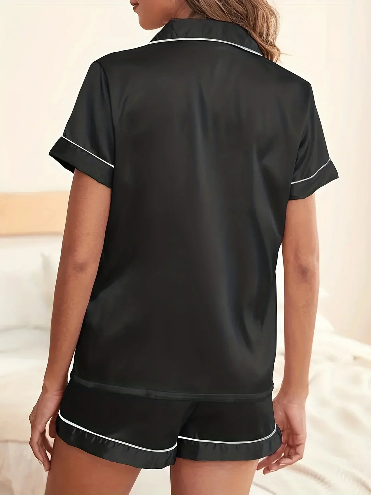Summer Satin Silk Pajamas Set for Women Sleepwear Relaxed Fit Solid Casual Short Sleeve Tops &amp; Shorts Loungewear