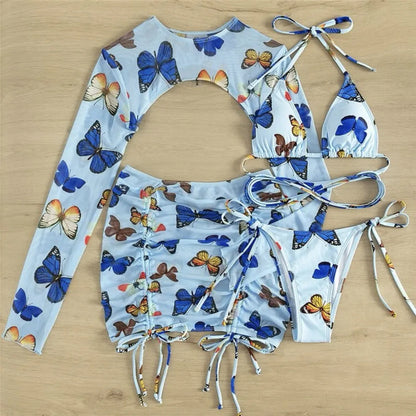 White Butterfly Print Swimwear Cover Up Bikinis Sets 3 Pieces Sexy Swimsuit Women 2026 Beach Wear Halter String Triangle Bikini