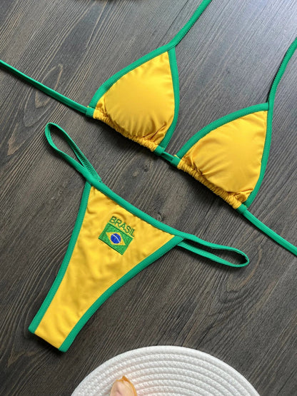 Solid color sexy embroidered Brazilian flag bikini set, women&