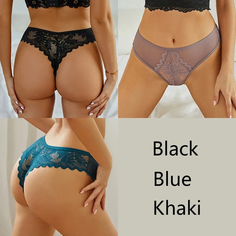 3-Piece Lace Thong Set for Women — Sexy Low-Rise G-String Panties