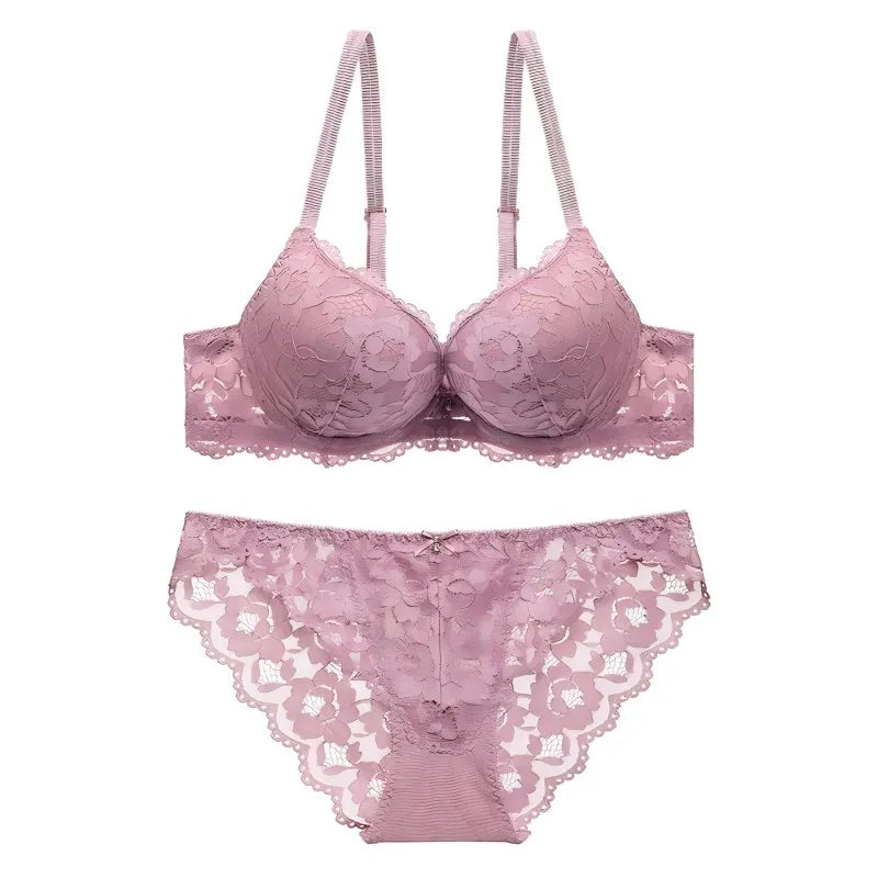 Hollow Lace Floral Sexy lingerie set Bow Padded Push Up women&