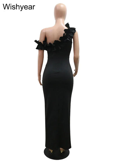 Sexy Night Sleeveless Off Shoulder Wooden Ear Edge Ruffles Bodycon Split Red Midi Dress Women Evening Birthday Party Vestidos