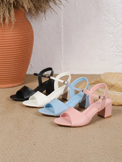 Size 42 Summer Classic Black White Ankle Strap Sandals for Women Elegant Blue Pink Square Heels Office Lady Shoes