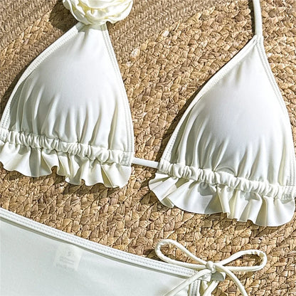Solid White 3D Flower 3 Piece Bikini Set Skirts Mini Skirts Cover Ups Sexy Swimsuit Women 2025 Swimsuit Beachwear Thong Bikini