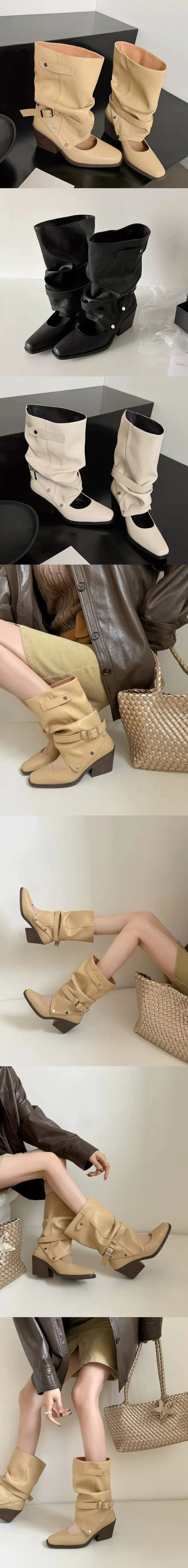 Vintage Y2k Slouchy Knee High Western Boots Women Chunky Block Heel Summer Cowboy Knee High Boots Motorcycle Boots Shoes