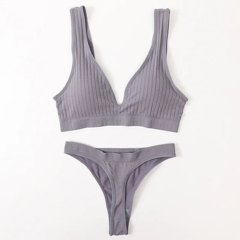Women Seamless Bra And Panties Set Push Up Bras High Leg Cut Thongs Sport Wireless Brassiere Sexy Lingerie Ribbed Underwear