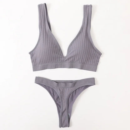 Women Seamless Bra And Panties Set Push Up Bras High Leg Cut Thongs Sport Wireless Brassiere Sexy Lingerie Ribbed Underwear