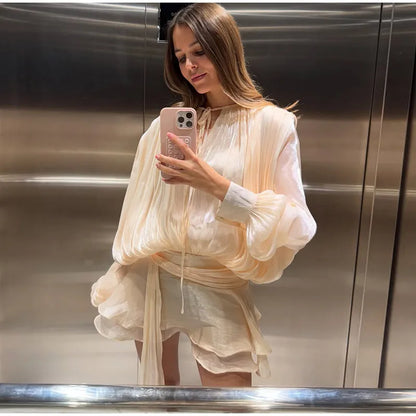 Fashion Solid Mesh Long Sleeved Backless Pleated Prom Dresses Chic Ruffle Bow Lace Up Women Mini Dresses Lady Spring Party Robe