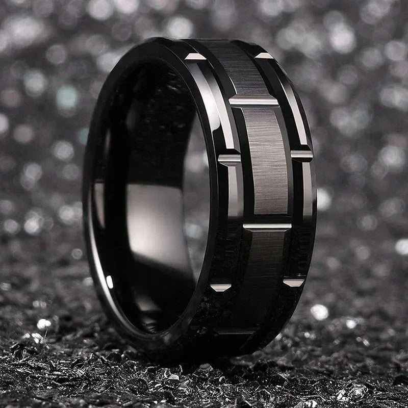 Fashion Men 8MM Stainless Steel Ring Black Color Brushed Double Groove Pattern Men&