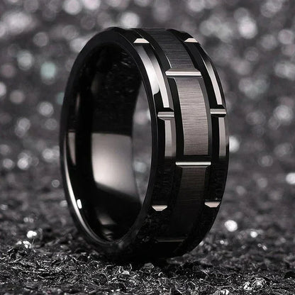 Fashion Men 8MM Stainless Steel Ring Black Color Brushed Double Groove Pattern Men&