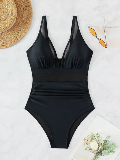 Sexy Black One Piece Swimsuit 2026 Women Mesh Patchwork Transparent Tummy Control Swimwear Bathing Suit See Through Monokini