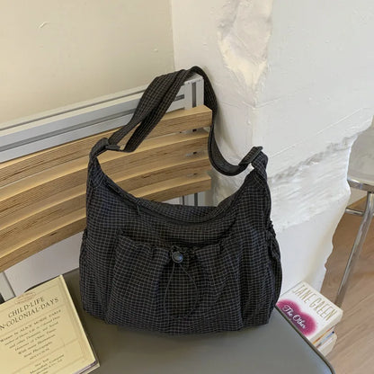 Brand Korean Nylon Crossbody Bag With Plaid Pattern - Phone Pocket