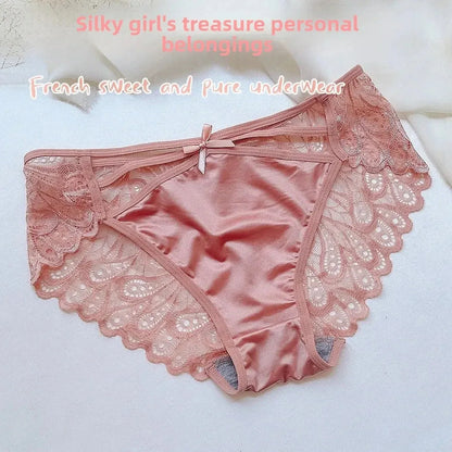 Plus Size Silk Shorts Sexy Lady Lace Hollow Breathable Satin Panties Women