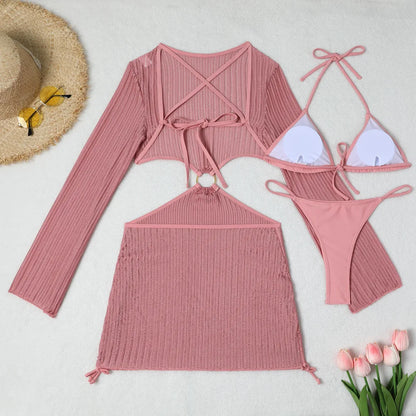 Women micro mini halter bikinis sets 3pcs with knitted long sleeve hollow out mini dress swimsuit bathing suit beach outfits
