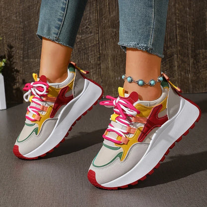 New Mixed Color Chunky Platform Sneakers Women 2026 Fashion Lace Up Thick Bottom Vulcanized Shoes Woman Non Slip Old Dad Shoes