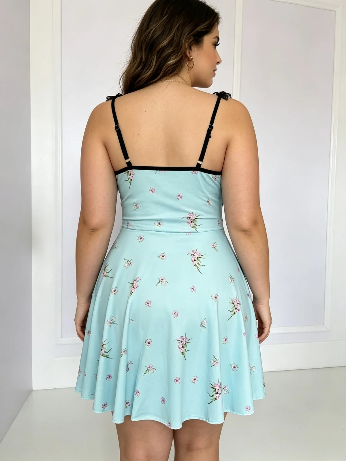 European and American large size elastic body-hugging halter neck sleep dress, blue, floral pattern, lace trim, women&