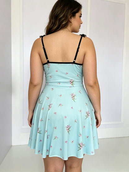 European and American large size elastic body-hugging halter neck sleep dress, blue, floral pattern, lace trim, women&